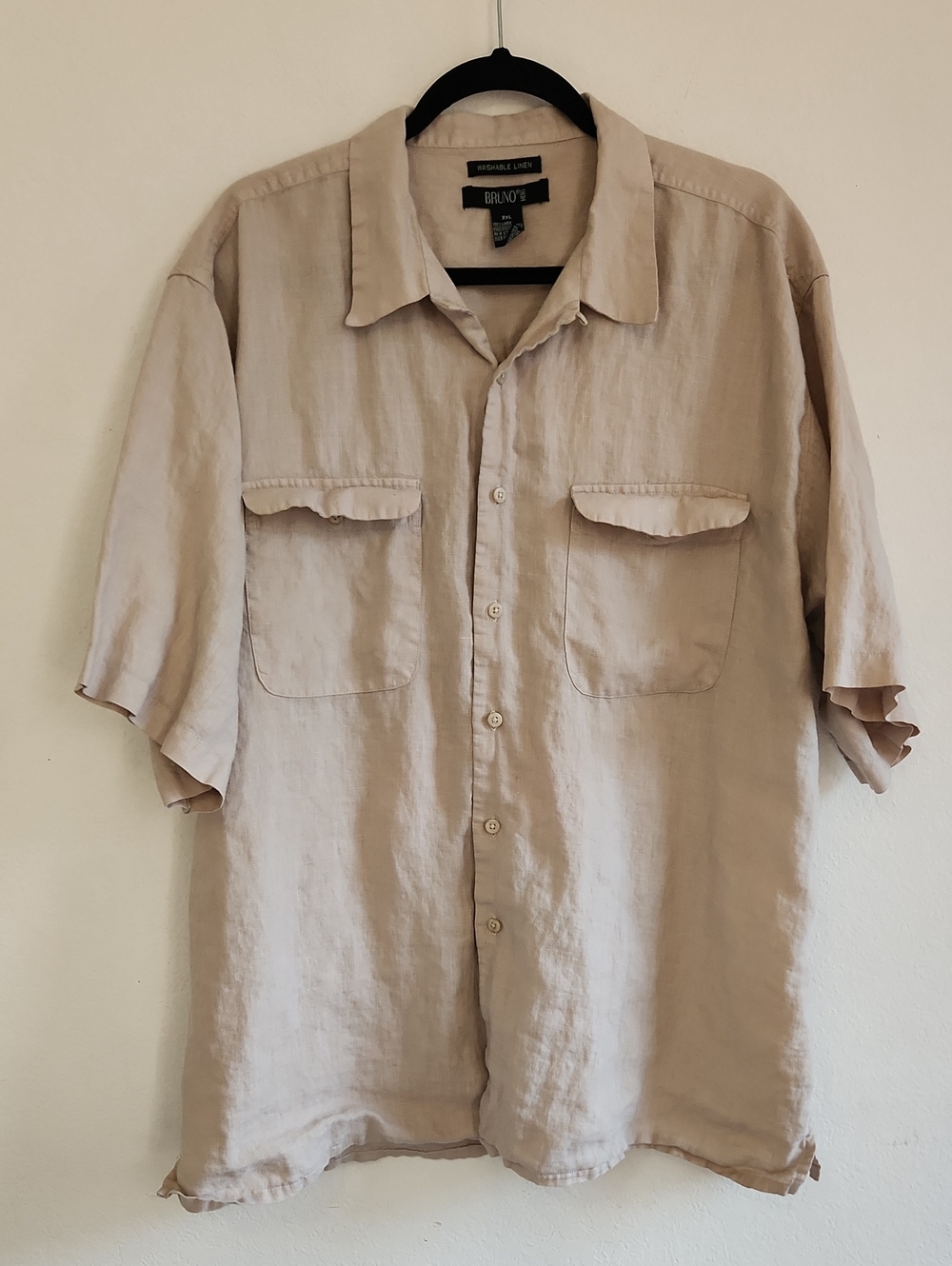 Vintage Mens 100% Washable Linen Short Sleeve Button Down Shirt Beige XXL